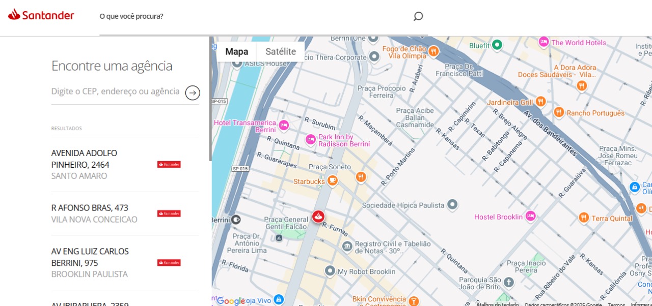 Captura de tela da aba de localização de agências do banco Santander