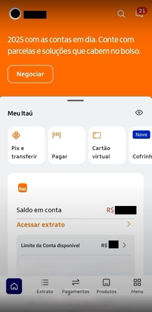 Tela inicial app Banco Itaú