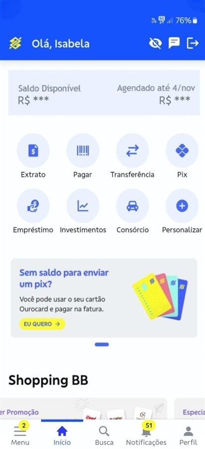 Tela inicial App Banco do Brasil 