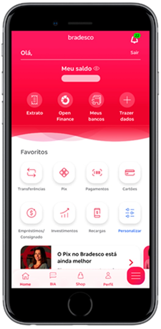 Tela inicial do app Bradesco 