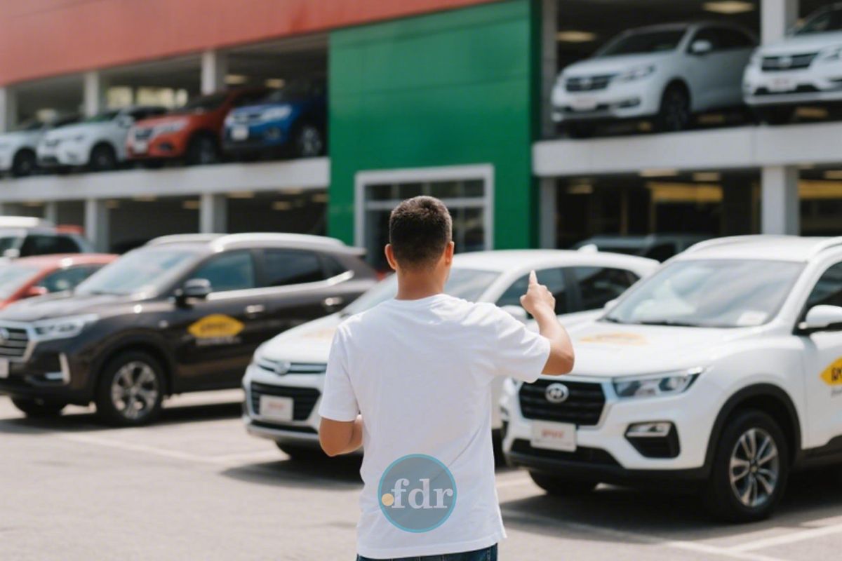 Um homem em frente a concessionária olhando um dos 5 carros mais baratos do Brasil