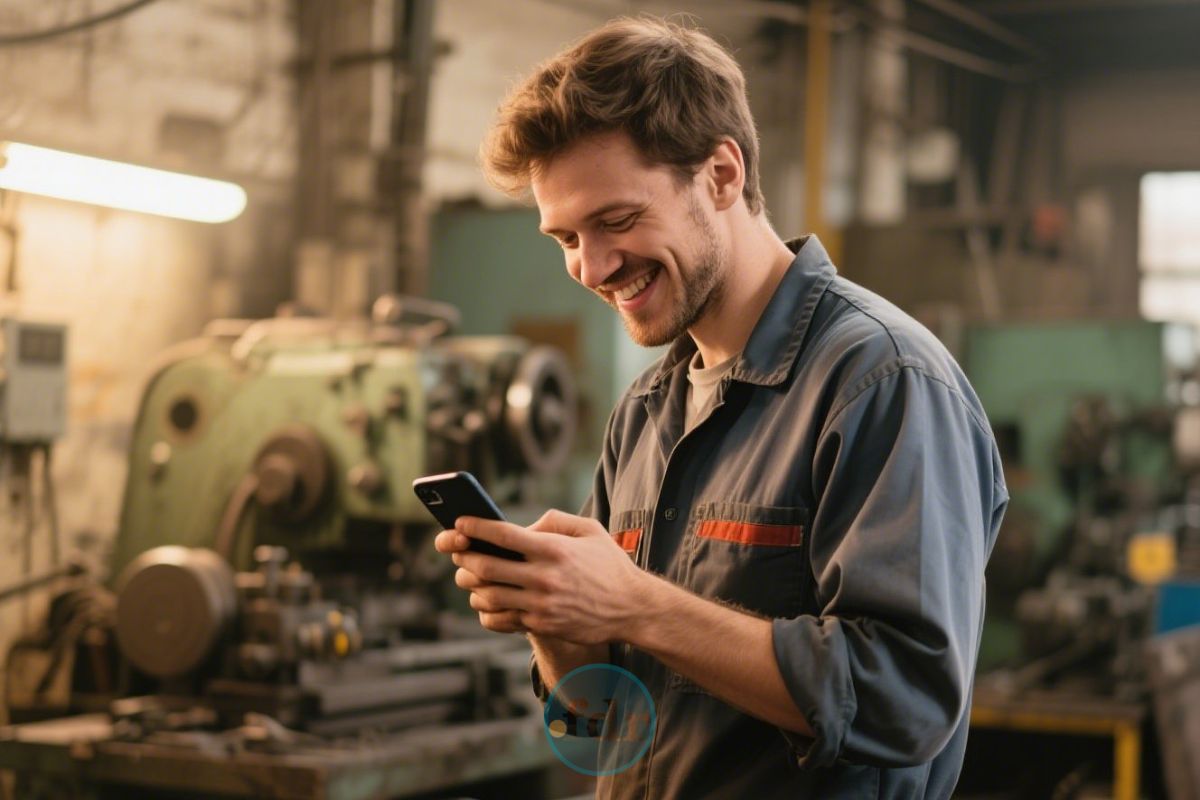 Um rapaz na oficina que recebe dois salários mínimos olhando para seu celular sorrindo
