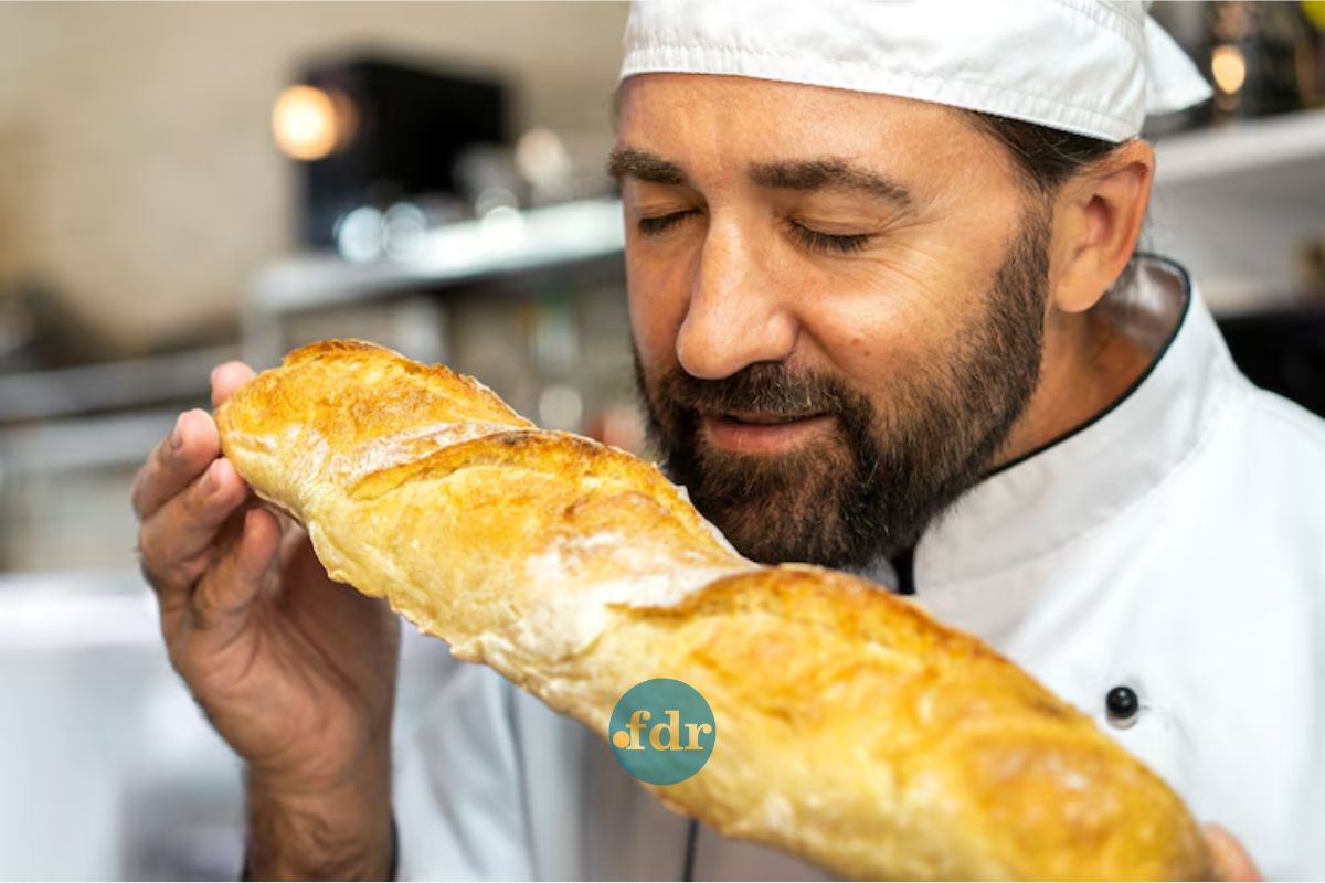 Um padeiro apreciando o cheiro do pão fresquinho