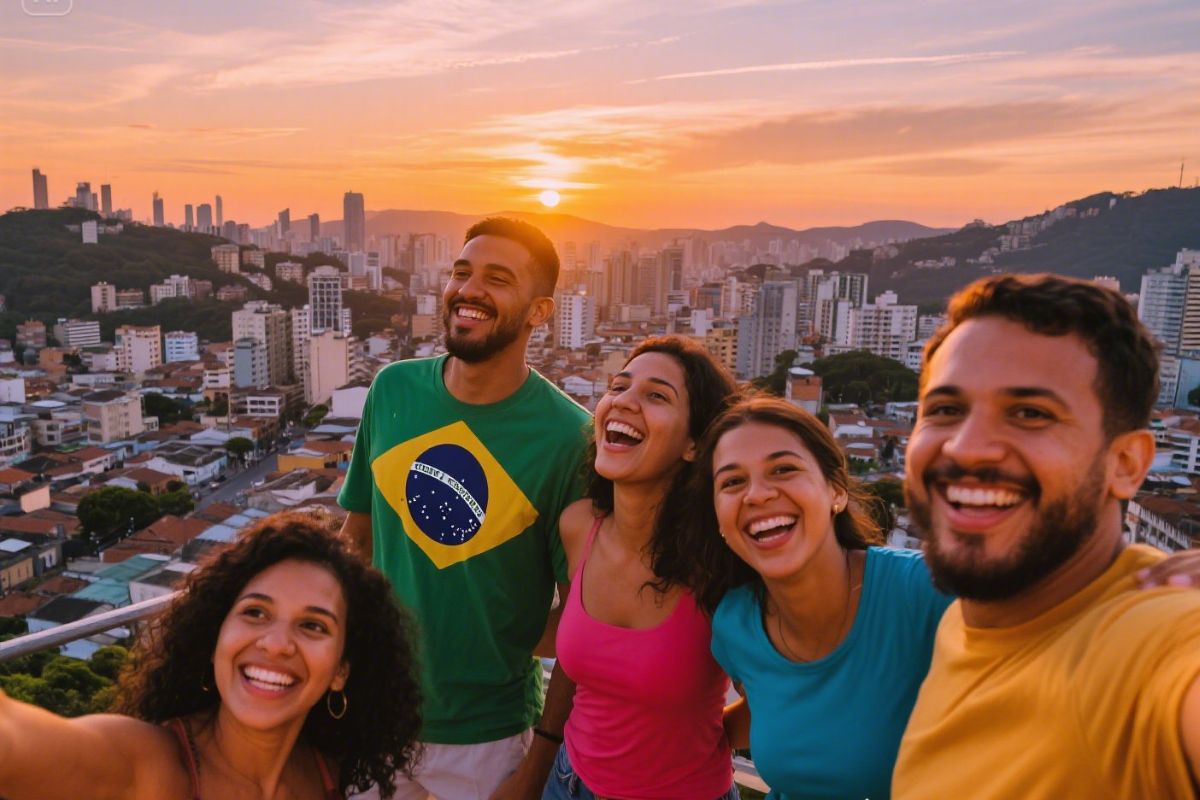 Um grupo de pessoas felizes após conhecer as Cidades brasileiras com custo de vida acessível