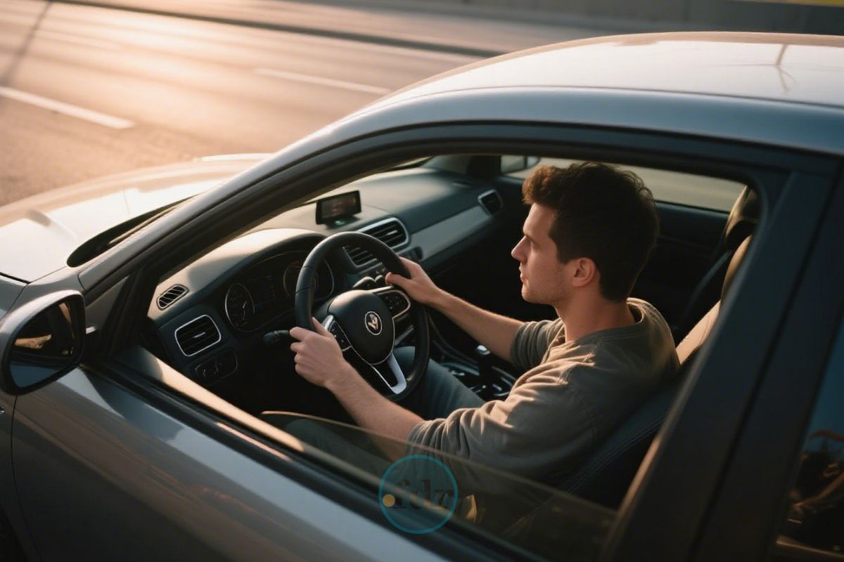 Uma pessoa dentro do seu carro na estrada mostrando como dirigir legalmente sem CNH
