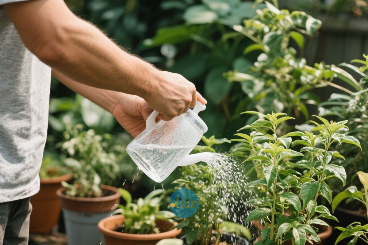 Um rapaz regando o seu jardim depois de aprender como salvar suas plantas