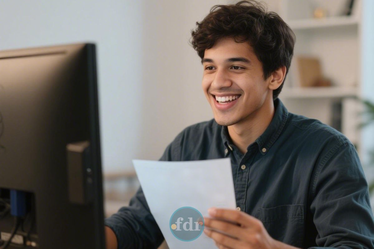 Um jovem que Está pensando em INVESTIR, entusiasmado em frente ao seu computador