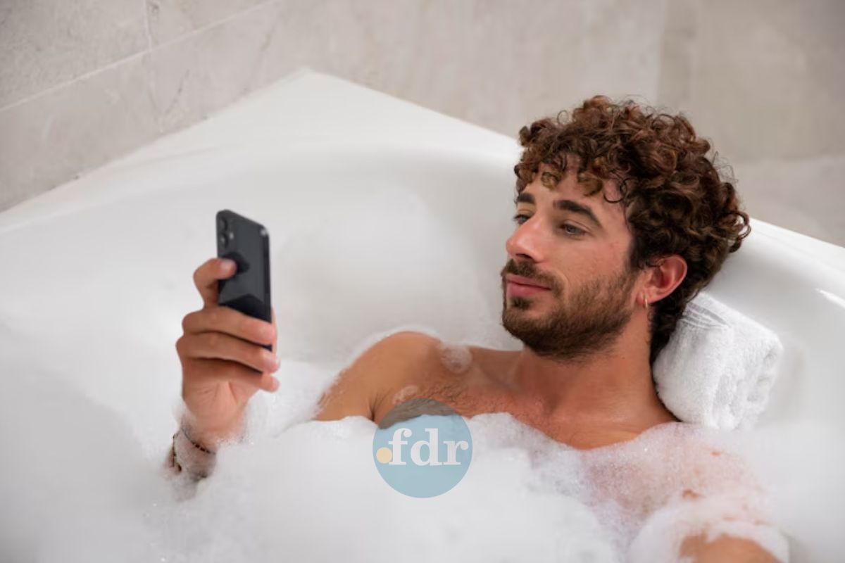 Um rapaz fazendo este hábito no banho: mexer no celular