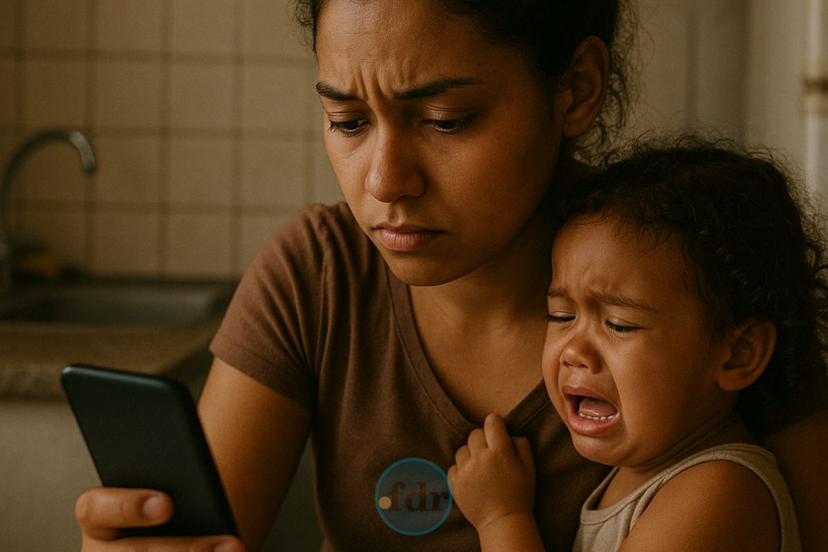 Uma mãe vê em seu celular o fim do Benefício Extraordinário do Bolsa Família, sua filha chora ao seu lado