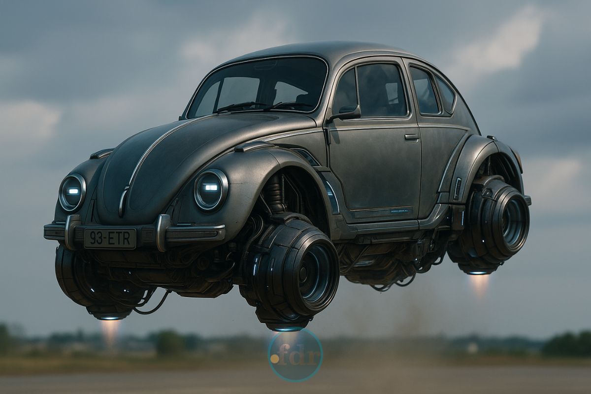 Um Fusca elétrico do futuro flutuando