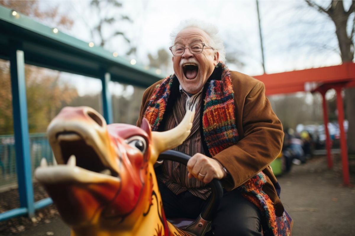 Idosos 60+ pulam de alegria, este está em cima de um brinquedo no parque