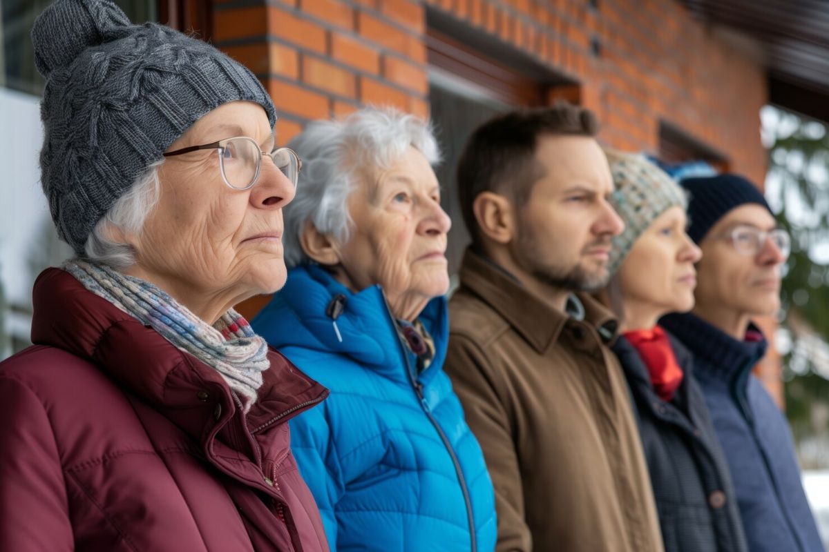 Uma fila com cinco Idosos do INSS esperando para serem atendidos em um dia frio