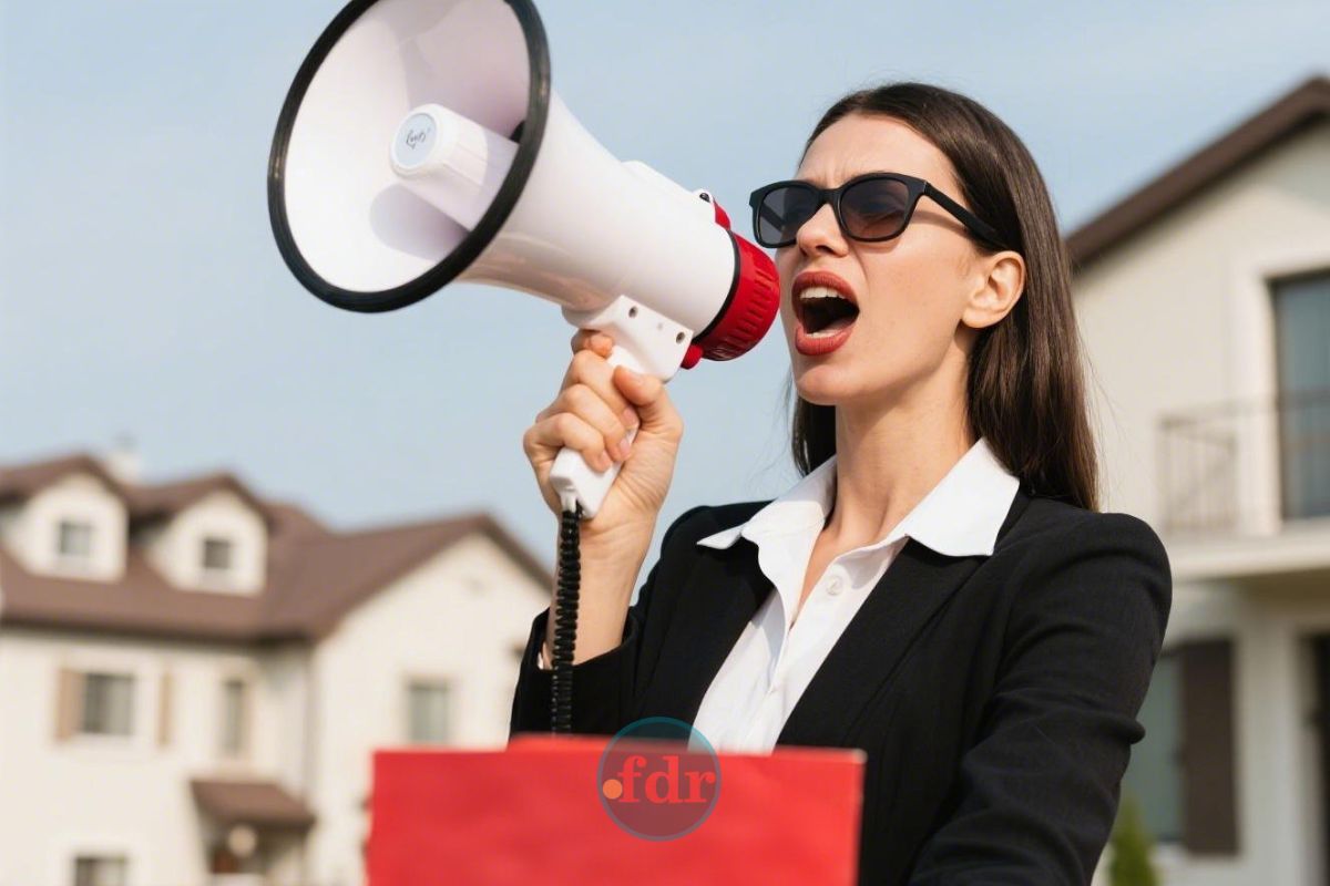 Uma mulher com megafone anunciando Imóveis até 50% mais baratos