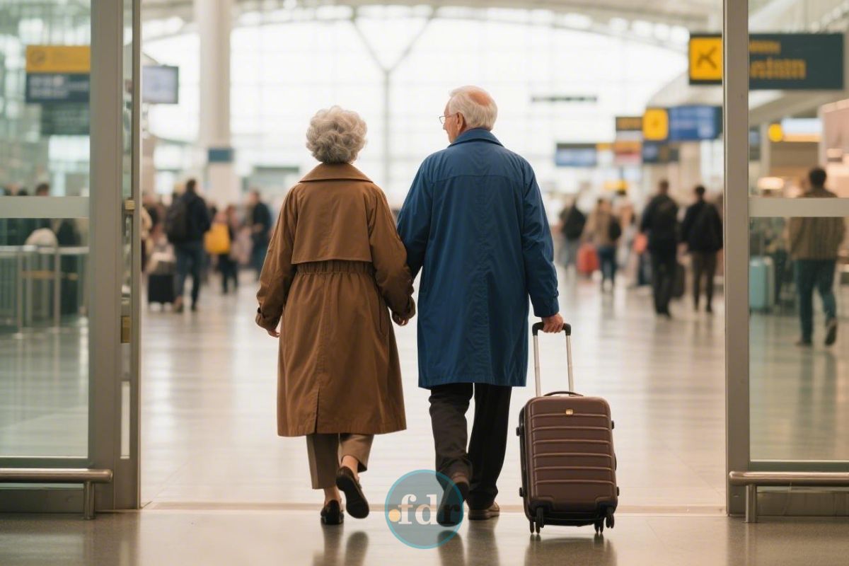Um casal entrando no aeroporto, aproveitando os novos benefícios para idosos em 2025