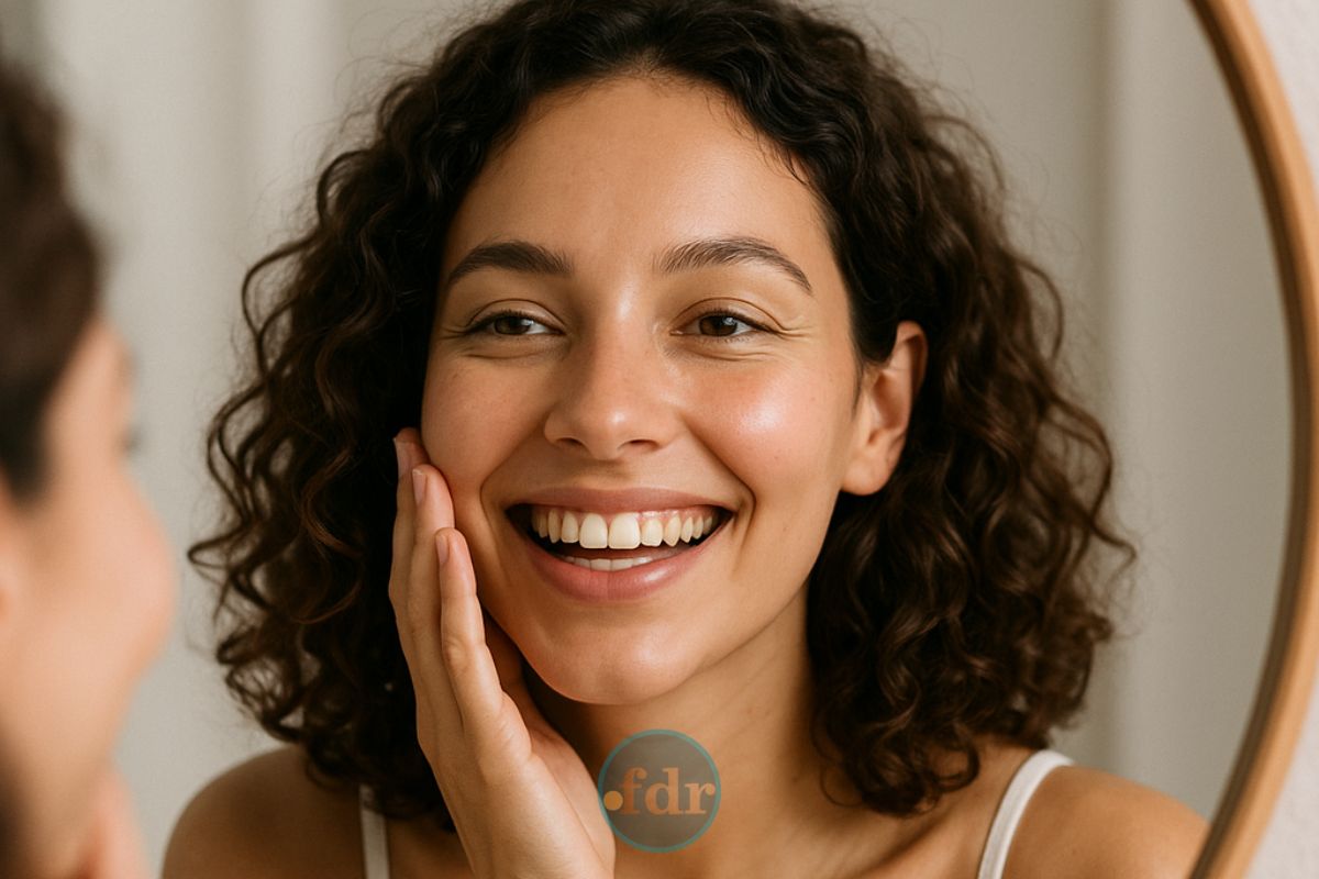 Uma mulher olha no espelho e sorri. Ela está feliz com o resultado que teve usando o alimento que você joga fora