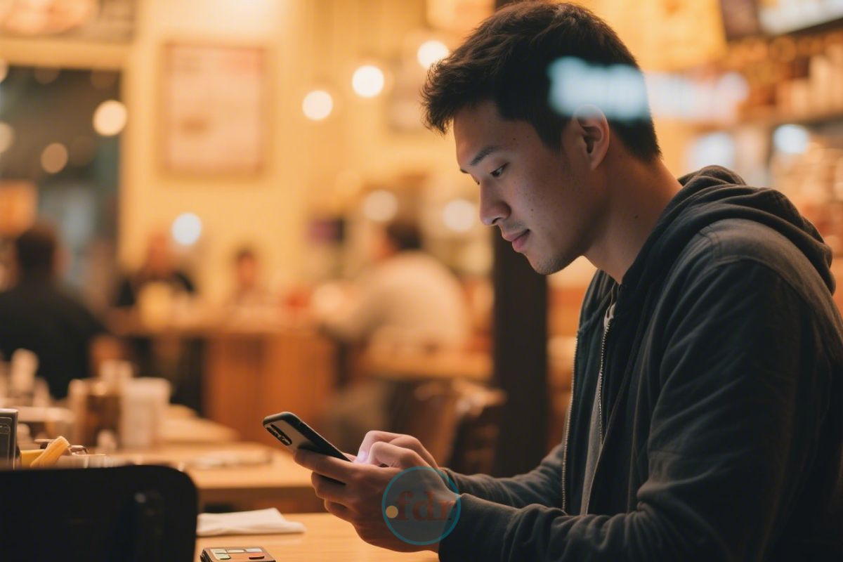 Um rapaz no restaurante com seu smartphone na mão pronto para parcelar suas compras com o Pix
