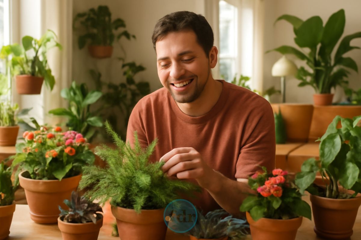 Um homem feliz ao lado da planta que pode ajudar a diminuir o estresse