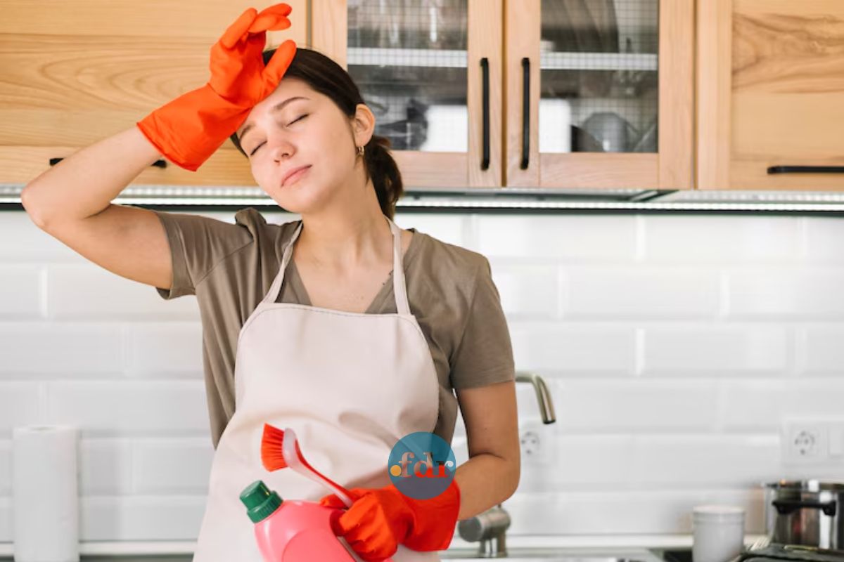 Uma mulher cansada segurando seu produto usado na cozinha