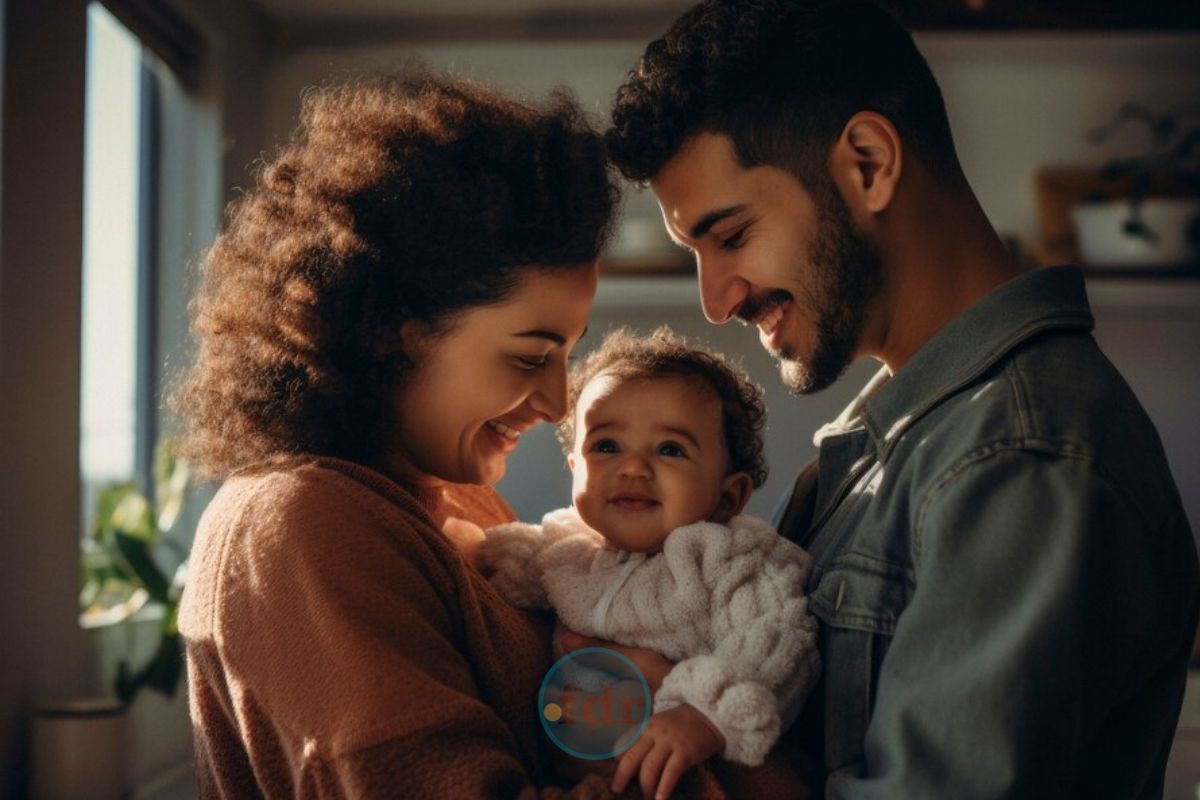 Pai, mãe e filho felizes após a liberação do Salário-família