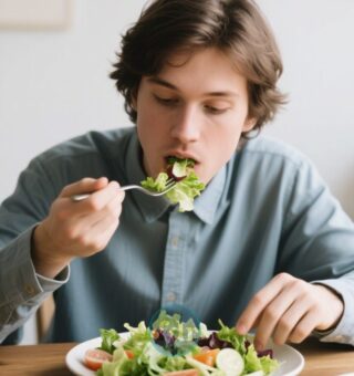 Um rapaz se alimentando de salada após descobrir que Seu corpo muda