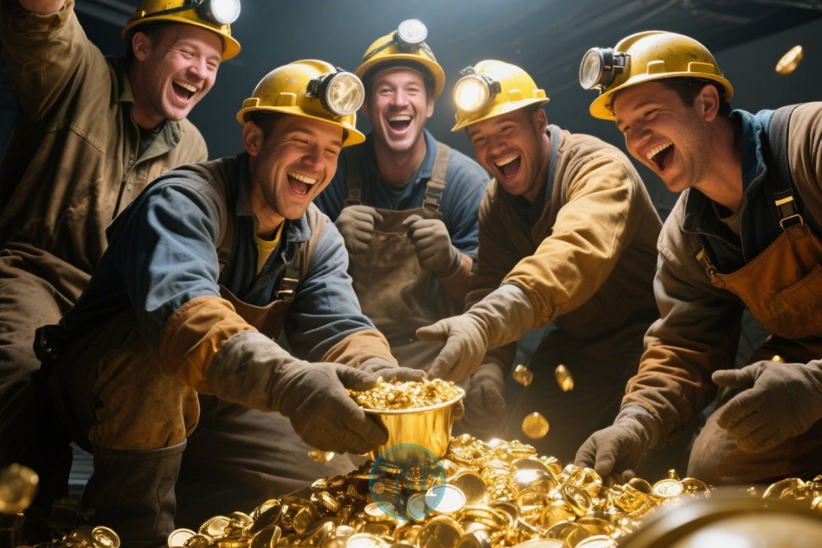 Um grupo de mineradores feliz após encontrar toneladas de ouro