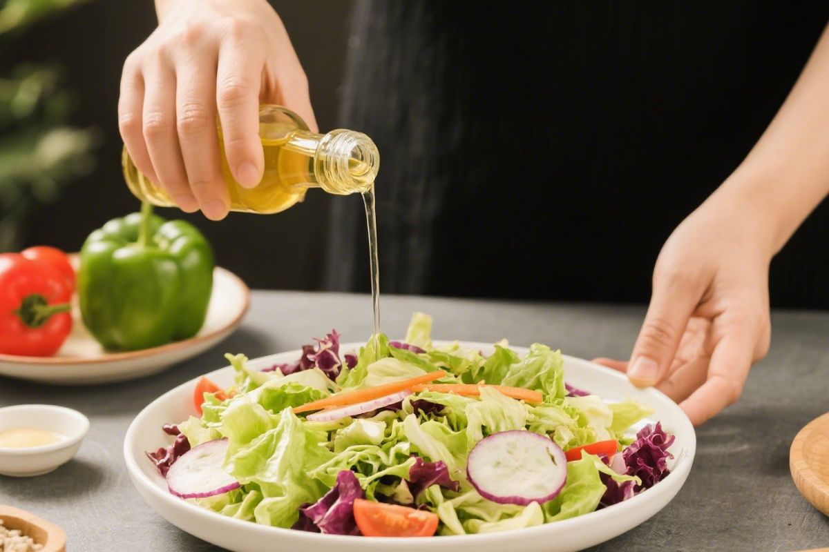 Uma pessoa temperando a salada após ver que vinagre ajuda a absorver melhor o ferro