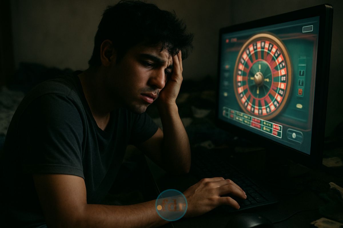 Um rapaz viciado em BET em frente ao seu computador em uma tela de roleta