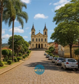 Uma rua com igreja no centro da Cidade mineira
