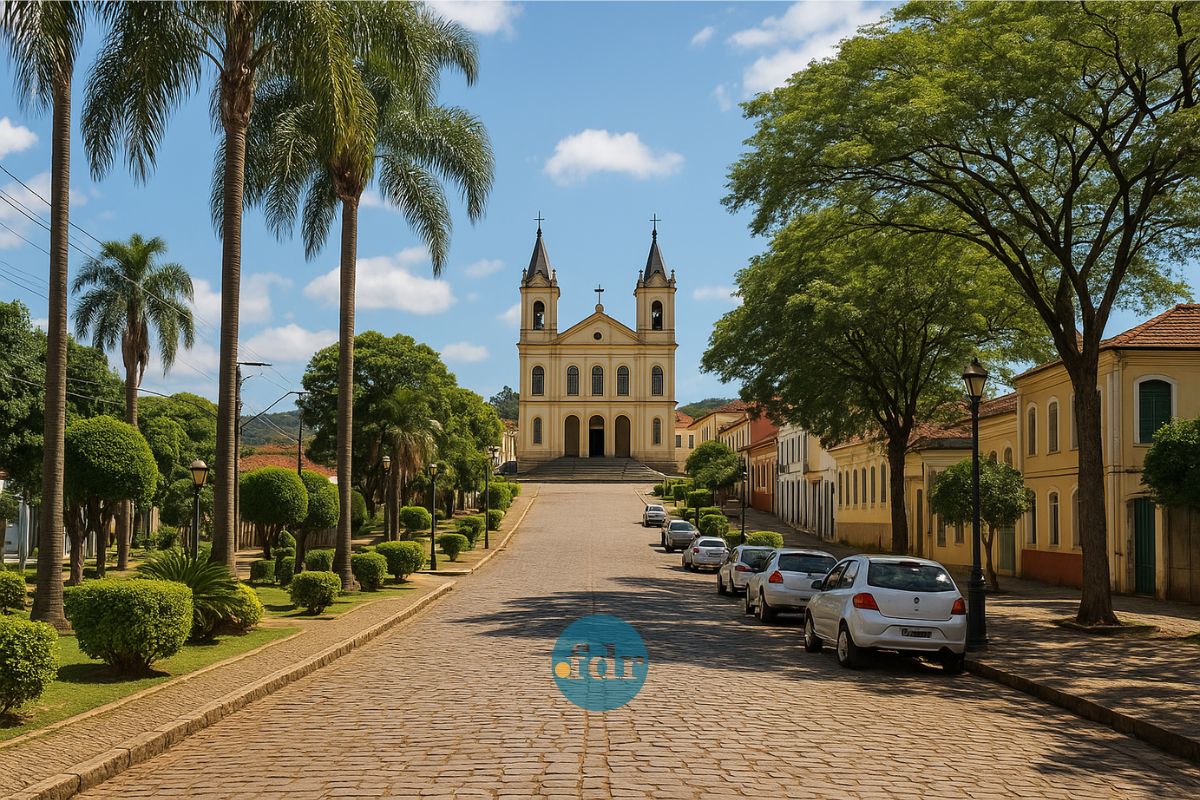 Uma rua com igreja no centro da Cidade mineira