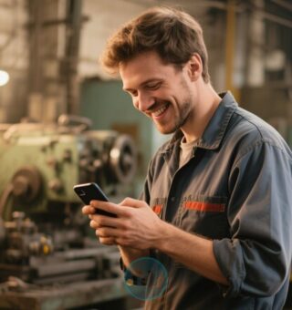 Um rapaz na oficina que recebe dois salários mínimos olhando para seu celular sorrindo