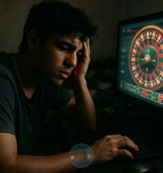 Um rapaz viciado em BET em frente ao seu computador em uma tela de roleta