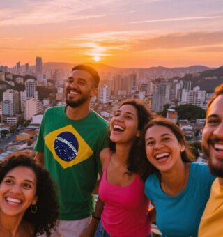 Um grupo de pessoas felizes após conhecer as Cidades brasileiras com custo de vida acessível