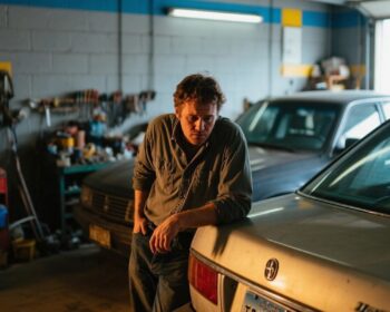 Um rapaz na garagem preocupado para não cair em golpes e pagar taxas de veículos