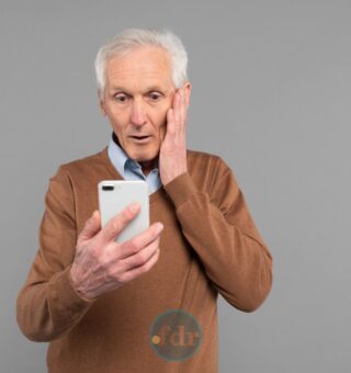 Um senhor assustado, ele olha para seu celular e vê que houve u, desconto indevido no INSS