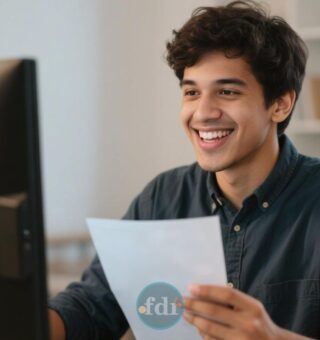 Um jovem que Está pensando em INVESTIR, entusiasmado em frente ao seu computador