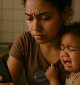 Uma mãe vê em seu celular o fim do Benefício Extraordinário do Bolsa Família, sua filha chora ao seu lado