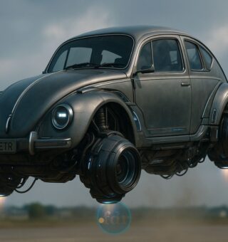 Um Fusca elétrico do futuro flutuando
