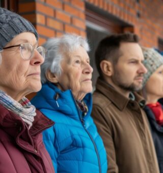 Uma fila com cinco Idosos do INSS esperando para serem atendidos em um dia frio