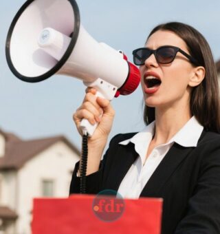Uma mulher com megafone anunciando Imóveis até 50% mais baratos