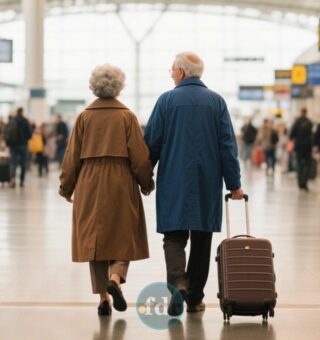 Um casal entrando no aeroporto, aproveitando os novos benefícios para idosos em 2025