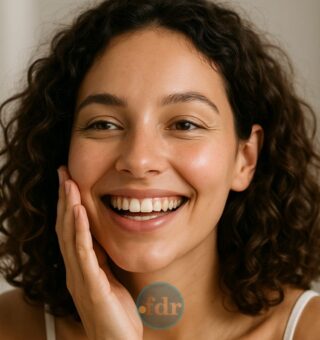 Uma mulher olha no espelho e sorri. Ela está feliz com o resultado que teve usando o alimento que você joga fora