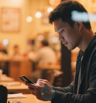 Um rapaz no restaurante com seu smartphone na mão pronto para parcelar suas compras com o Pix