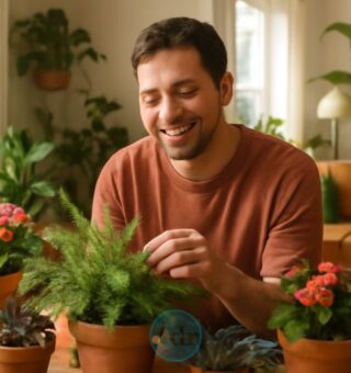 Um homem feliz ao lado da planta que pode ajudar a diminuir o estresse