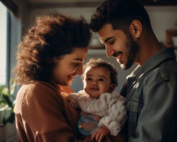 Pai, mãe e filho felizes após a liberação do Salário-família