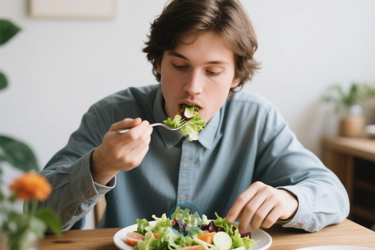 Um rapaz se alimentando de salada após descobrir que Seu corpo muda
