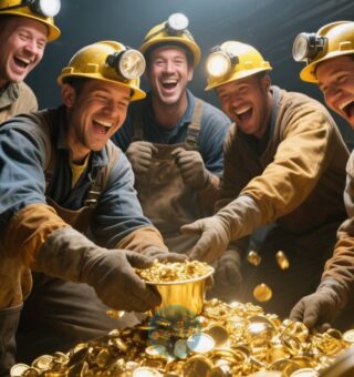 Um grupo de mineradores feliz após encontrar toneladas de ouro
