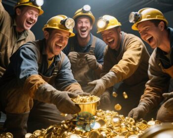 Um grupo de mineradores feliz após encontrar toneladas de ouro