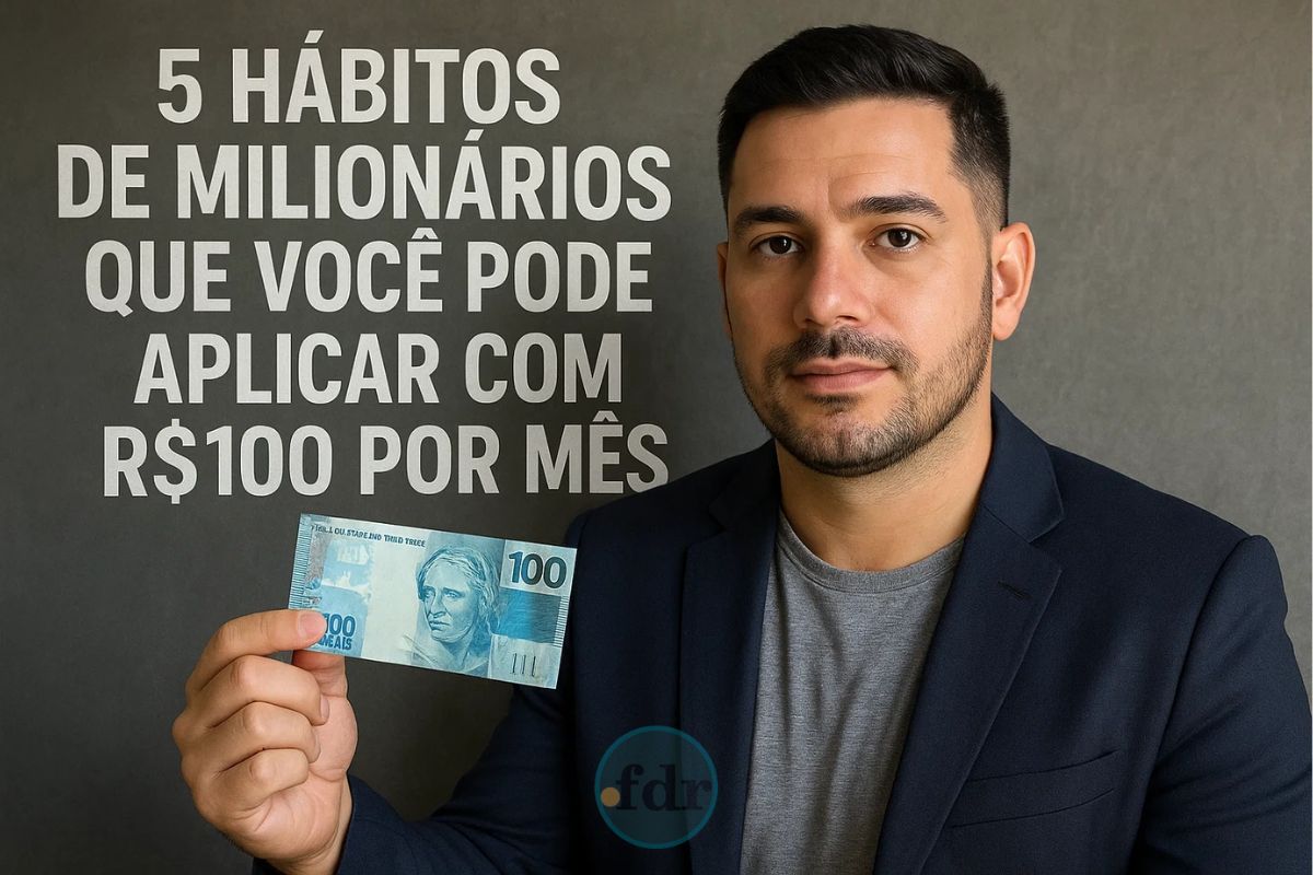 Uma pessoa de terno e ao lado está escrito '5 hábitos de milionários...'