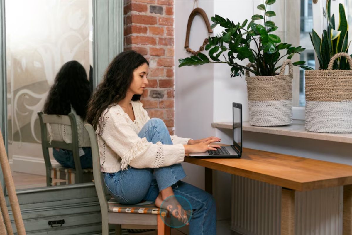 Uma mulher sentada na sala da sua casa procurando uma das 5 ideias de renda extra