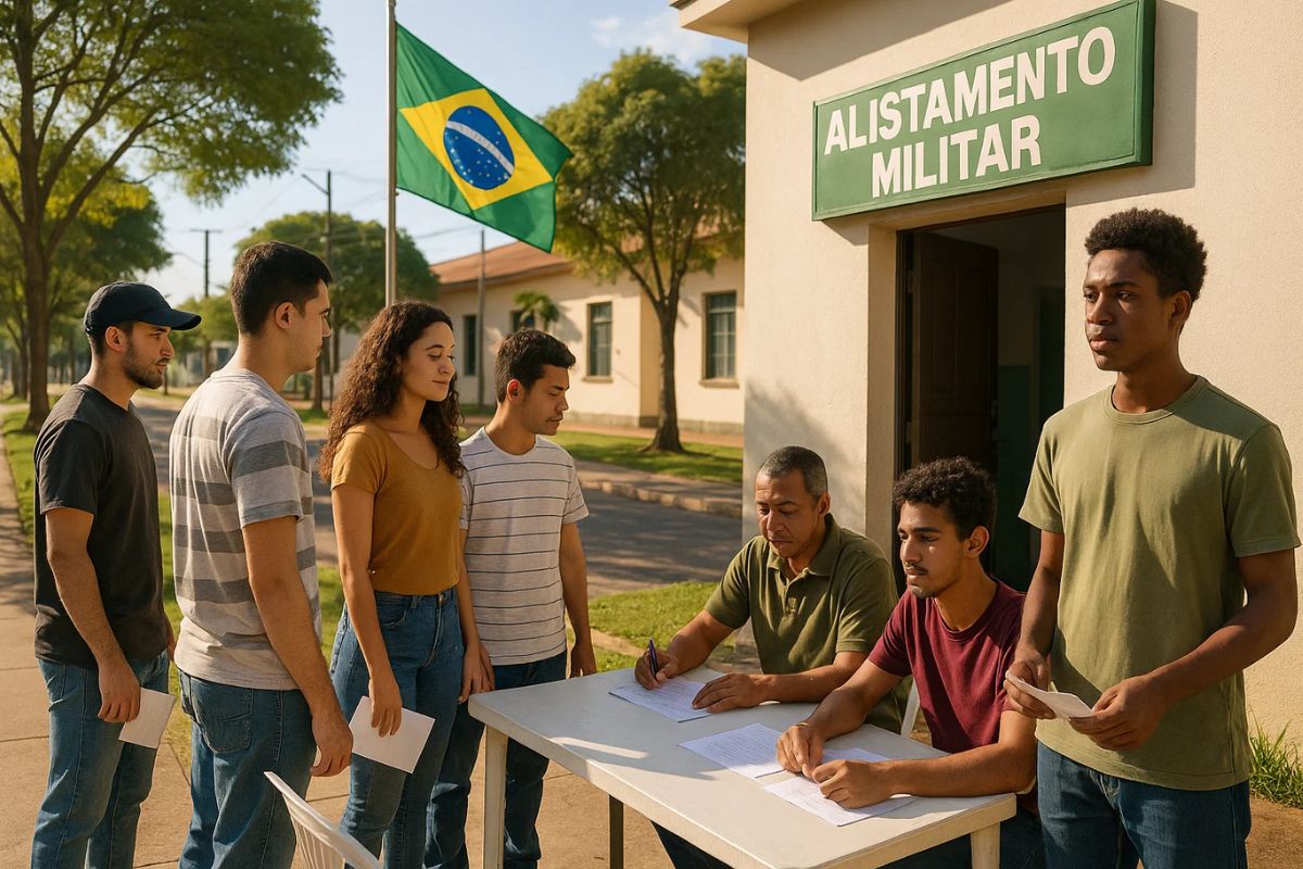 Uma fila de pessoas para fazer o alistamento militar